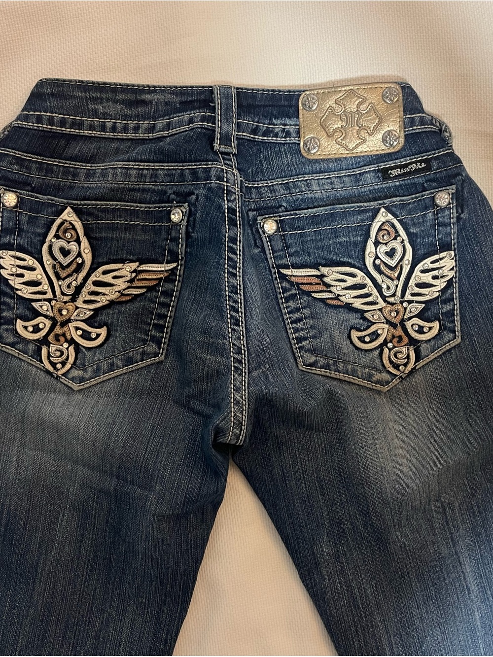 Miss Me Embroidered Wing Back Pocket Bootcut Jeans - Dark Blue